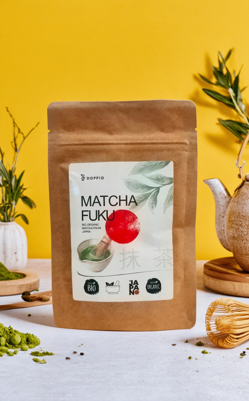 Matcha Fuku 30 g v kraftovom vrecku na žltom pozadí, vedľa matcha prášok, metlička chasen a čajník